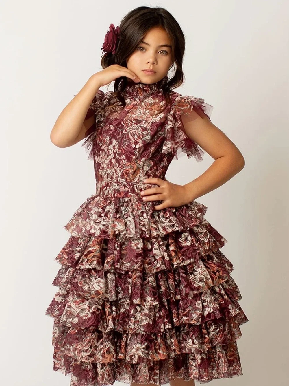Joyfolie Burgundy Floral Ruffle Dress